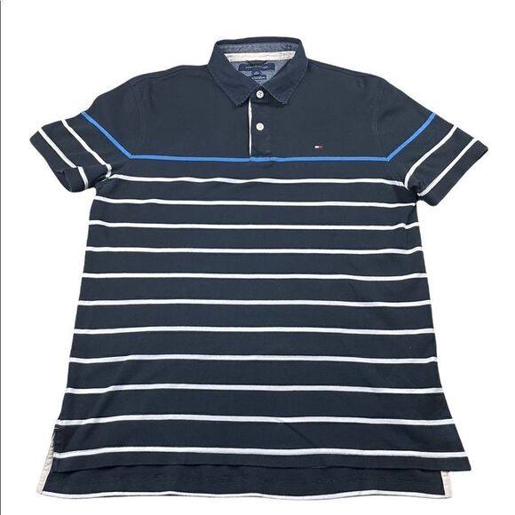 Tommy Hilfiger Polo‎ Shirt Mens Large L Black Striped Custom Fit Short Sleeve - Picture 2 of 8